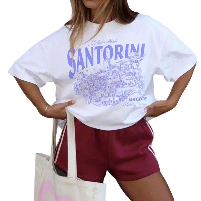 Santorini Graphic Tops Vintage Aesthetic Coastal Travel Women TShirt Greece Vacation Tshirts Loose Short Sleeve Female Tees S