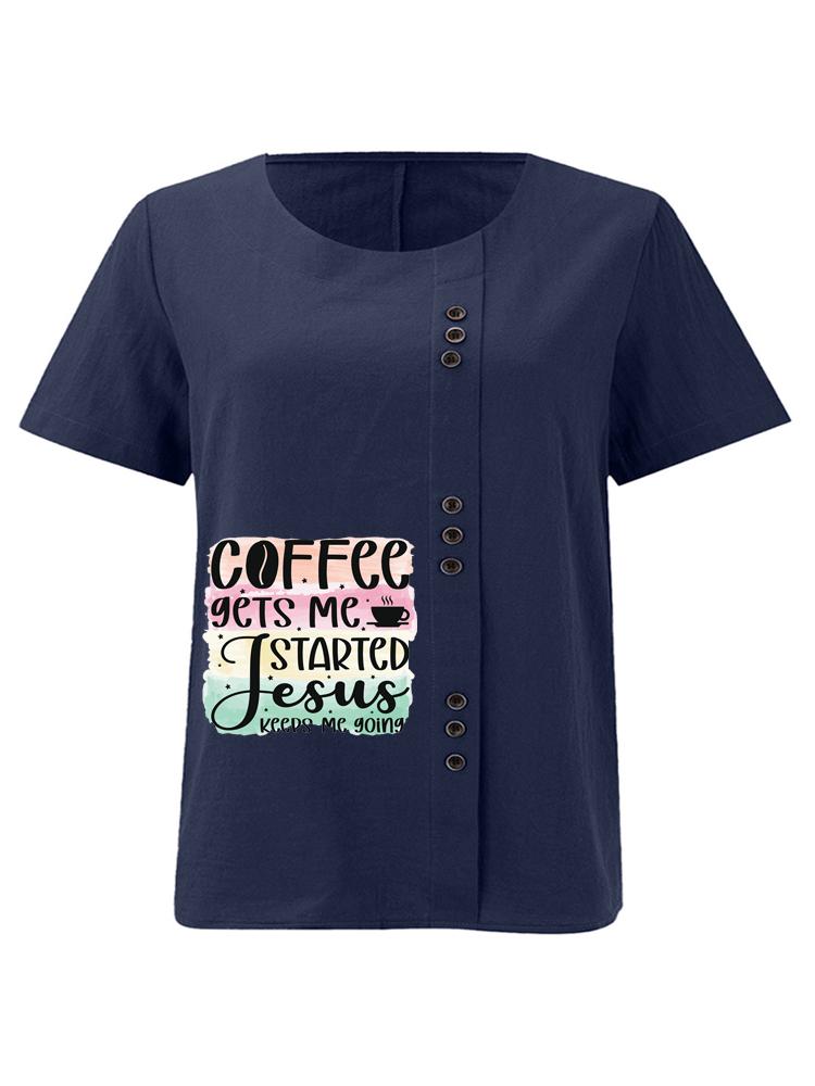 Damenmode Buchstabenmuster Druck Rundhals Kurzarm T-Shirt Lässig Baumwolle Leinen Grafikshirt Freizeit Locker Sommer Bluse Tops