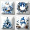 Blue Christmas Pillow Covers Set Of 4, Santa Snowman Tree Wreath Design, Zippered Hand Wash For Festive Sofa Decor