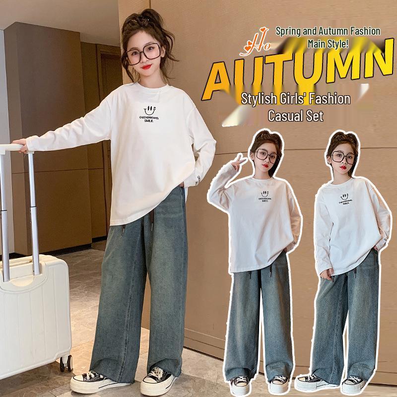 Girls' 2025 Autumn Smiley Face Casual Loose Shirt for Medium & Large Children