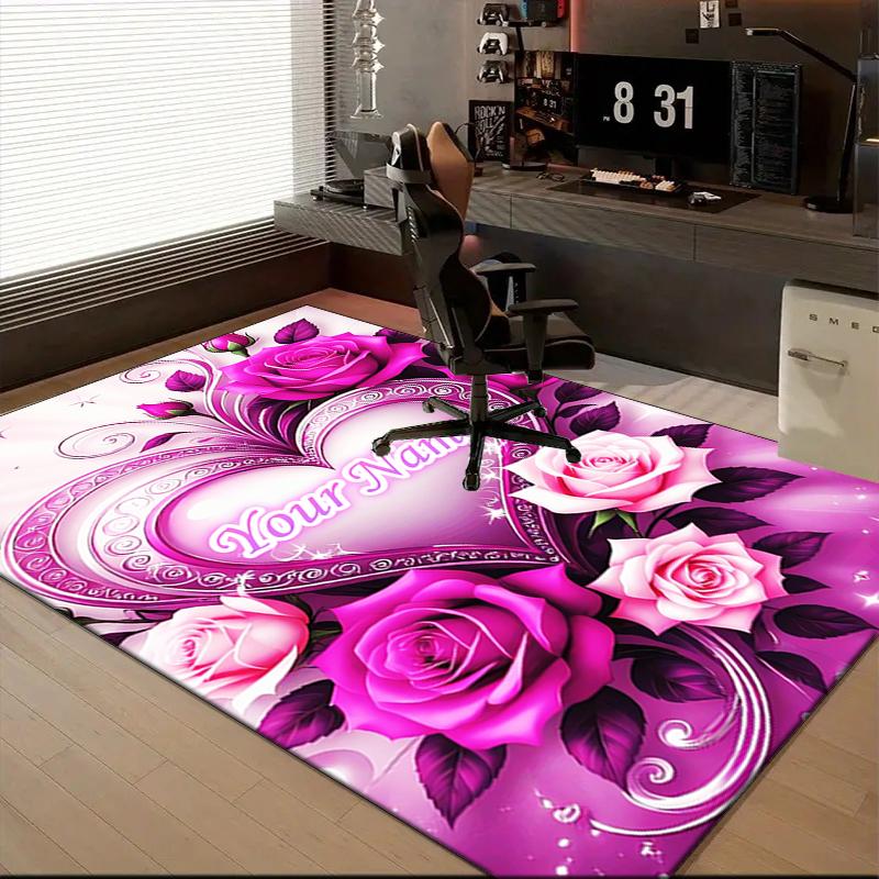 1PC Custom Name Love Roses Heart Theme Floor Mat Ideal for Living Room, Game Rooms, Office, Bedroom, Floor Mat Playful Design