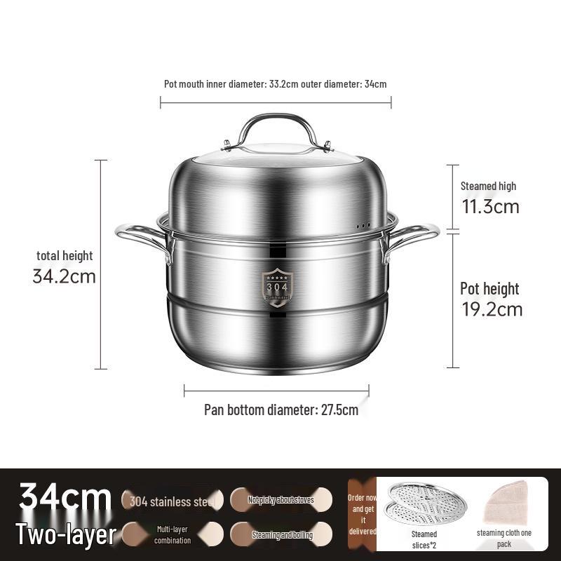 Three-Layer Multi-Functional 304 Stainless Steel Steamer Pot with Large Capacity for Steaming and Boiling