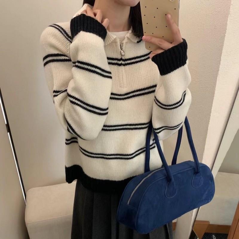 Korean-Style Striped Polo Collar Loose Thick Top for Autumn/Winter Women