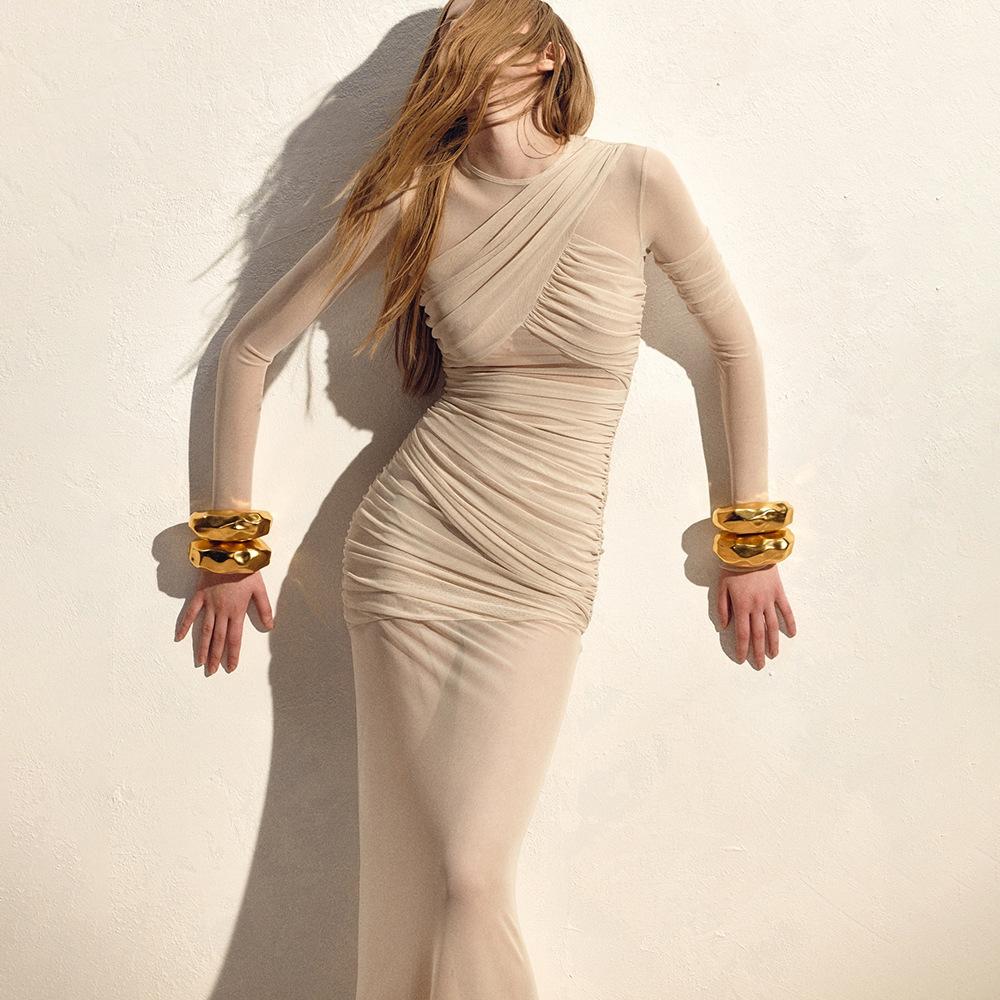 

Сетчатая лоскутная вечерняя одежда для вечеринок с длинными рукавами, сексуальный двухслойный прозрачный костюм S абрикосовый