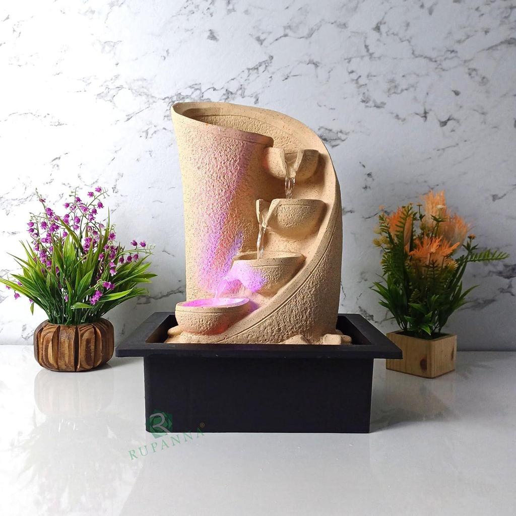 3 Step Curve Diya Table Top Water Fountain with LED RGB Light for Home Decor/Office/Gift/House Warming Gift/Marriage Gift (Biege Stone)
