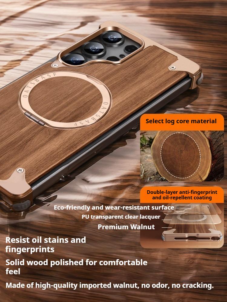 Eary Wooden Phone Case for Samsung Galaxy S26 S25 Ultra With Magnetic Stand 360°Rotatable Frameless Shockproof Protective Cover