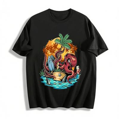 Funny Octopus Island Vacation Print T-Shirt Unisex Casual Tee Pure Cotton T-shirt