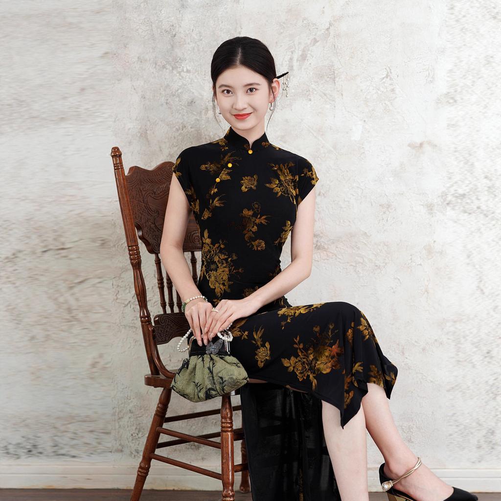 Black summer new Chinese cheongsam long daily young retro improved national style dress single-layer elastic