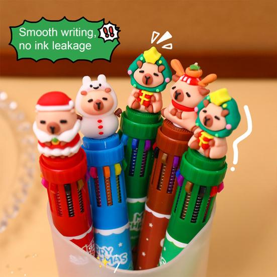 Christmas Capybara Ballpoint Pen 10 Color Retractable Cartoon Pen Smooth Writing Festive