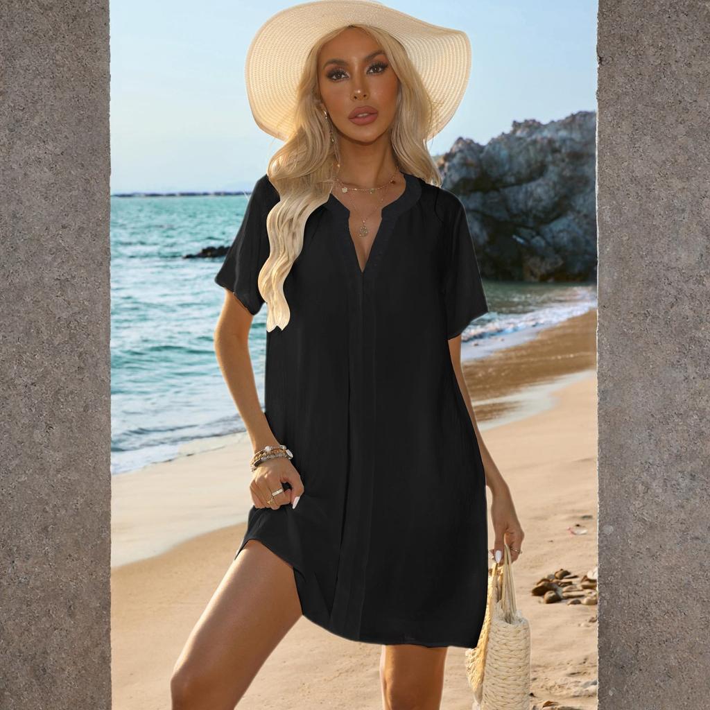 Módní dámská ležérní letní plážová tunika s V-výstřihem a krátkým rukávem