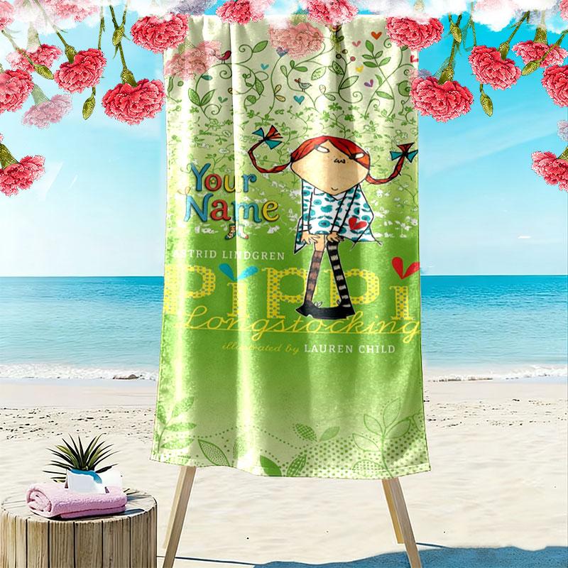 Serviette de plage Pippi Longstocking avec impression de nom personnalisé, Grande serviette douce à séchage rapide pour la plage, le camping, la natation