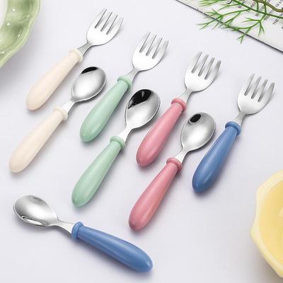 Set di Cucchiaio e Forchetta per Bambini in Acciaio Inossidabile 304 con Manici Rotondi Spessi - Design Cartone Animato, Carina Stoviglieria da Tavola per Set Regalo Mamma e Bambino.
