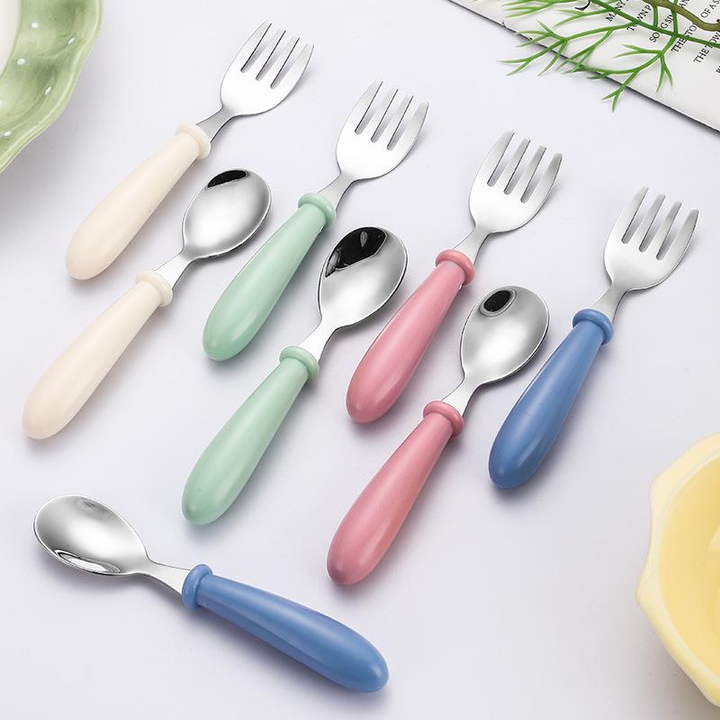 304 Stainless Steel Children's Spoon and Fork Set with Thick Round Handles - Cartoon Design, Cute Dining Tableware for Mother and Baby Gift Set.