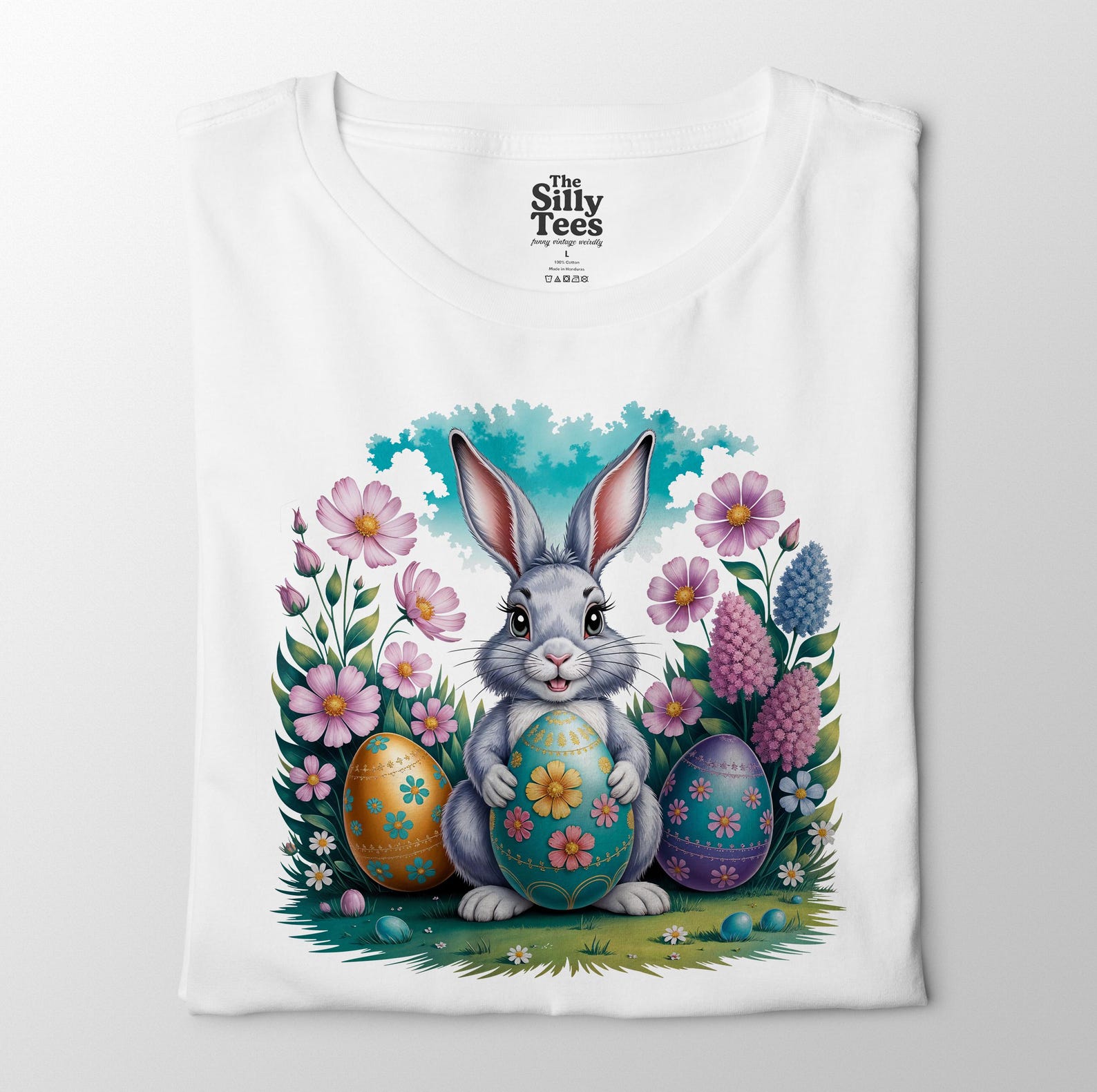 Easter Bunny Shirt, Spring Rabbit, Eggs and Flowers Tee S