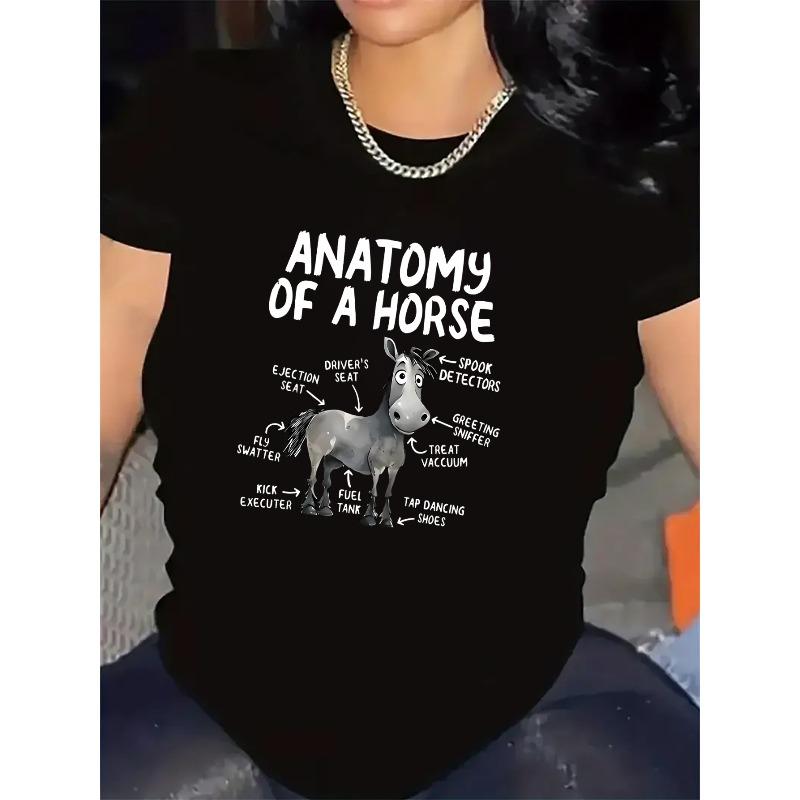 Women'S Black Short Sleeve Tee Showcasing Horse Anatomy Graphic, Crafted From Lightweight Material, Ideal for Relaxed Wear Indoors or Outside,