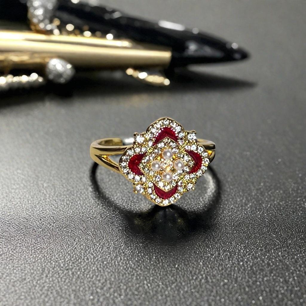 Medieval Vintage Enamel Oil Drop Gourd Open Ring French Retro Court Style Ring Light Luxury Premium Ring