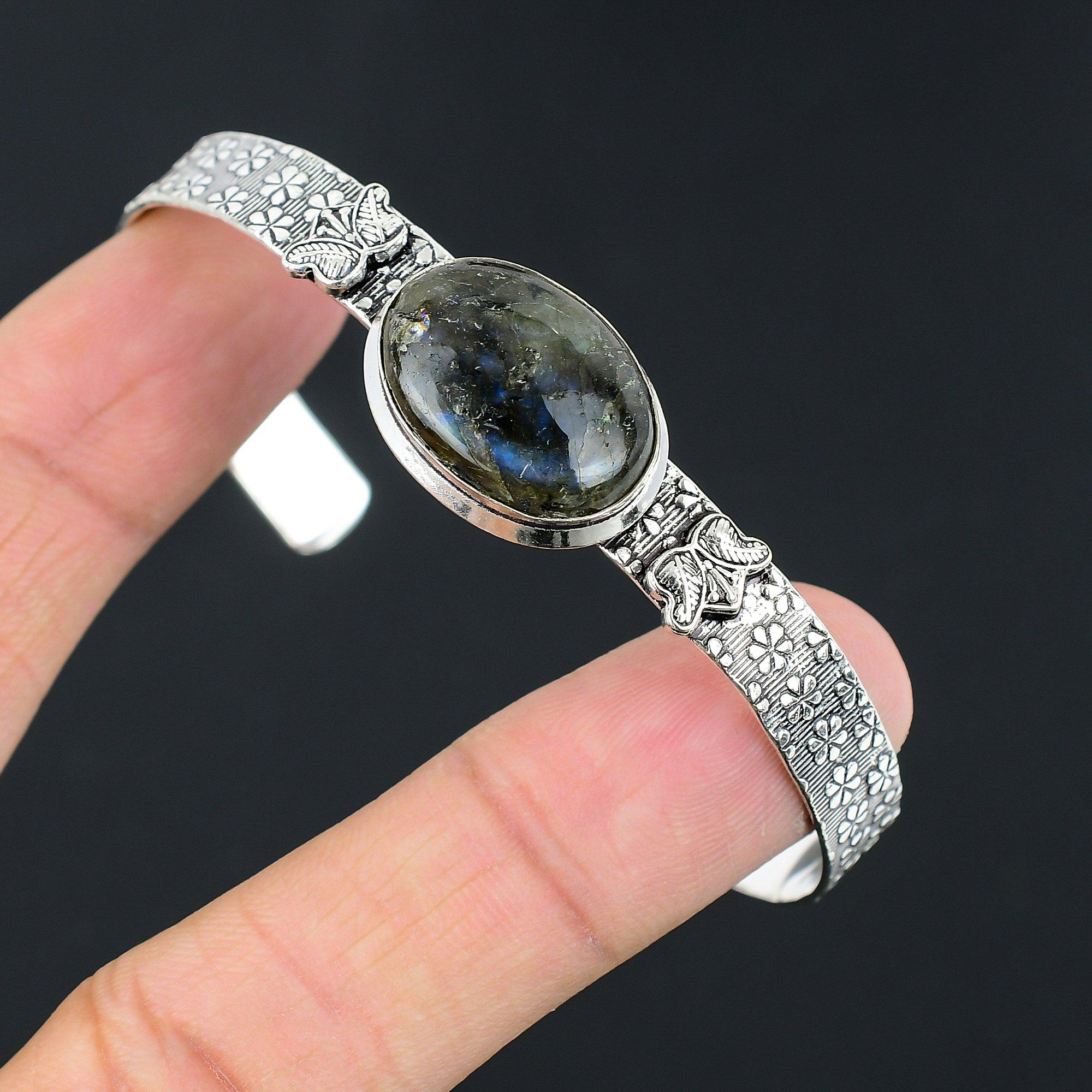 

Лабрадорит Камень Стерлинговое Серебро Уникальный Ручной Работы Артизан Новый Браслет-Бэнгл Adjustable