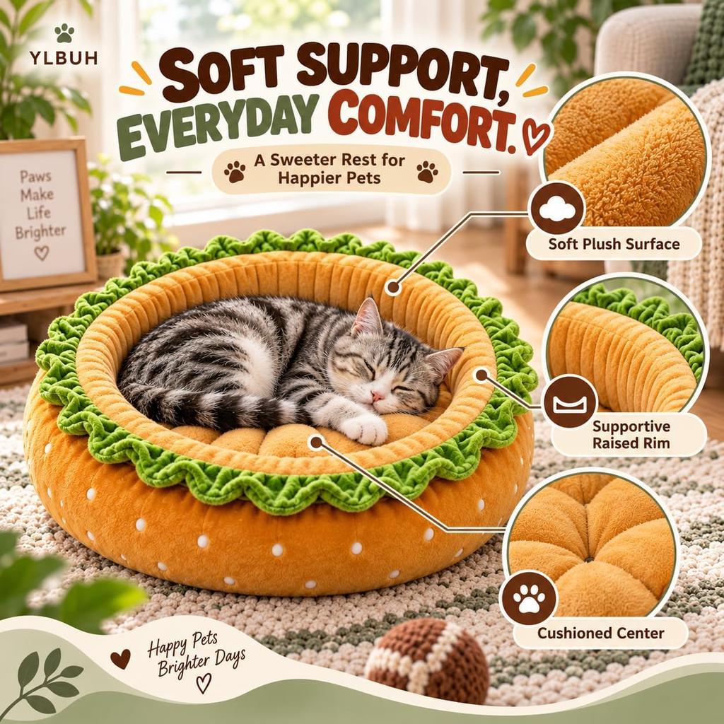 Letto Peluche a Forma di Hamburger Ciotola con Palline a Forma di Burger per Gatti e Cani Piccoli Giocattoli Peluche con Topping Letto Morbido in Peluche con Bordi Rialzati per Interno