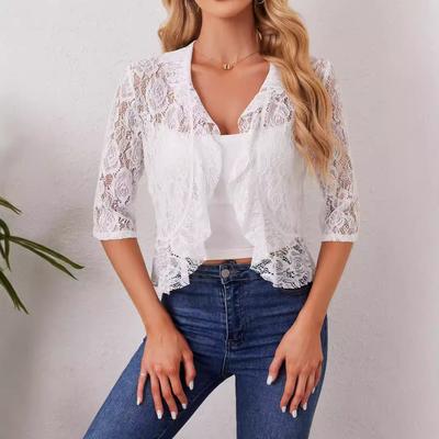 Dámský elegantní módní volánkový krátký krajkový top s otevřeným klopovým límcem