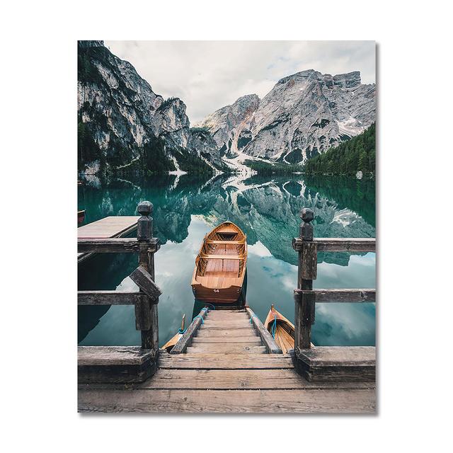 Scandinavian Natural Landscape Wall Art Poster Mountain Lake Boat Print Oil Painting Modern