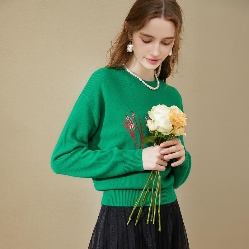 TUHUANG Women's Pure Wool Embroidered Round Neck Sweater