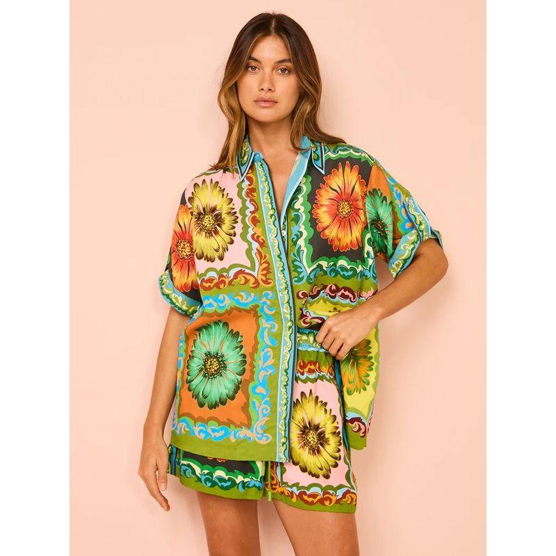 

2024 New Arrival Loose Casual Shorts Fashion All-Match Print Daisy Two Suit Green S