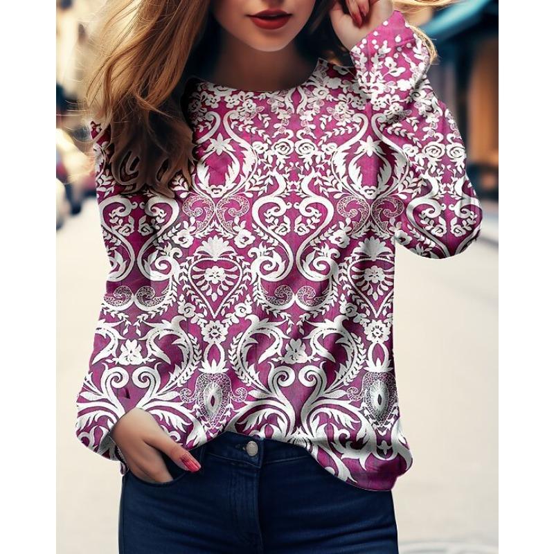 Round Neck 3D Floral Printed Top Casual Long Sleeved Women's T-shirts - Soft Medium Stretch Polyester Fabric Spring and Autumn Relaxed Fit Clothing