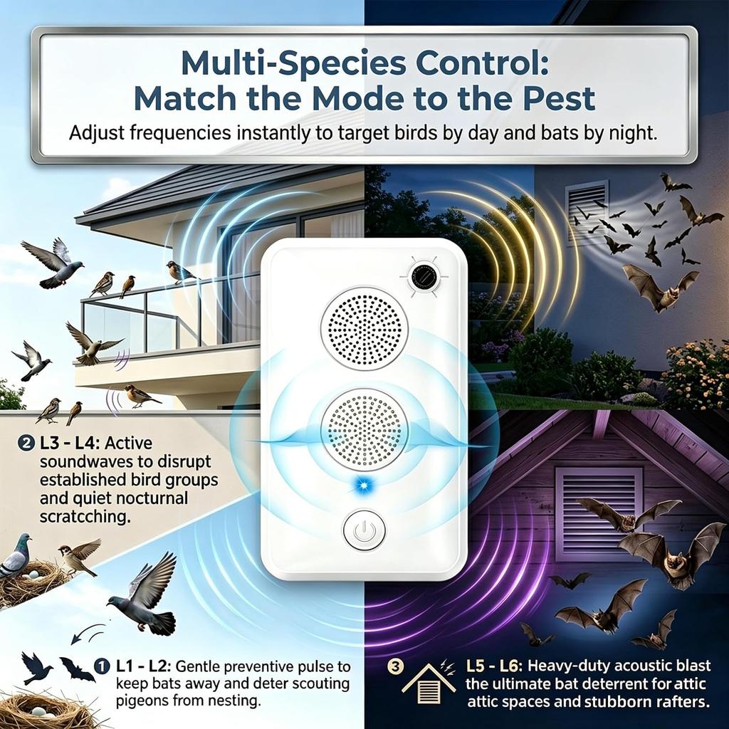 2Pack Upgraded Ultrasonic Bat Repellent for Attic Eaves, Battery Operated Bat Deterrent Device Indoor Outdoor Use