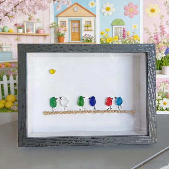 Sea Glass Photo Frame Home Decor 7.6 Inch Handmade Sea Glass Birds Artwork Wooden Frame Unique Sea Glass Art Decoration Housewarming Gift for Friend