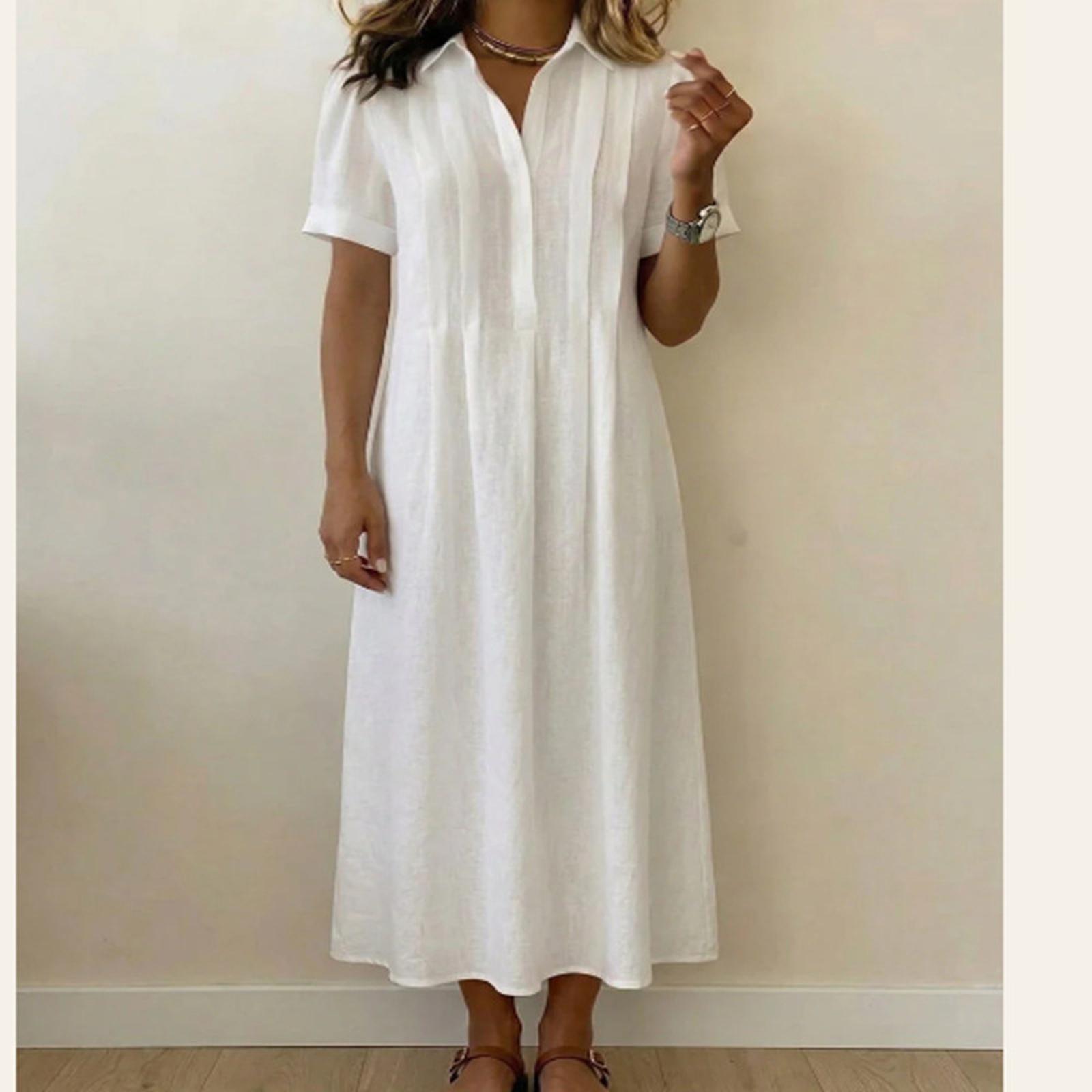

Fashionable Women s Lapel Short Sleeved Door Tube Striped Cotton And Linen Dress XL білий