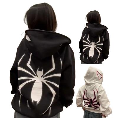 Unisex Coat Spider Print Dark Punk Style Unisex Hallowen Costume High Street Hip Hop Soft Plush Zip Up Long Sleeve Hooded Winter Fall Coat KTB