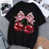 Vintage Y2K Style Short-sleeved T-shirt, Cherry and Leopard Bow Graphic Top Cute Streetwear Tee Aesthetic Fashion for WOMEN