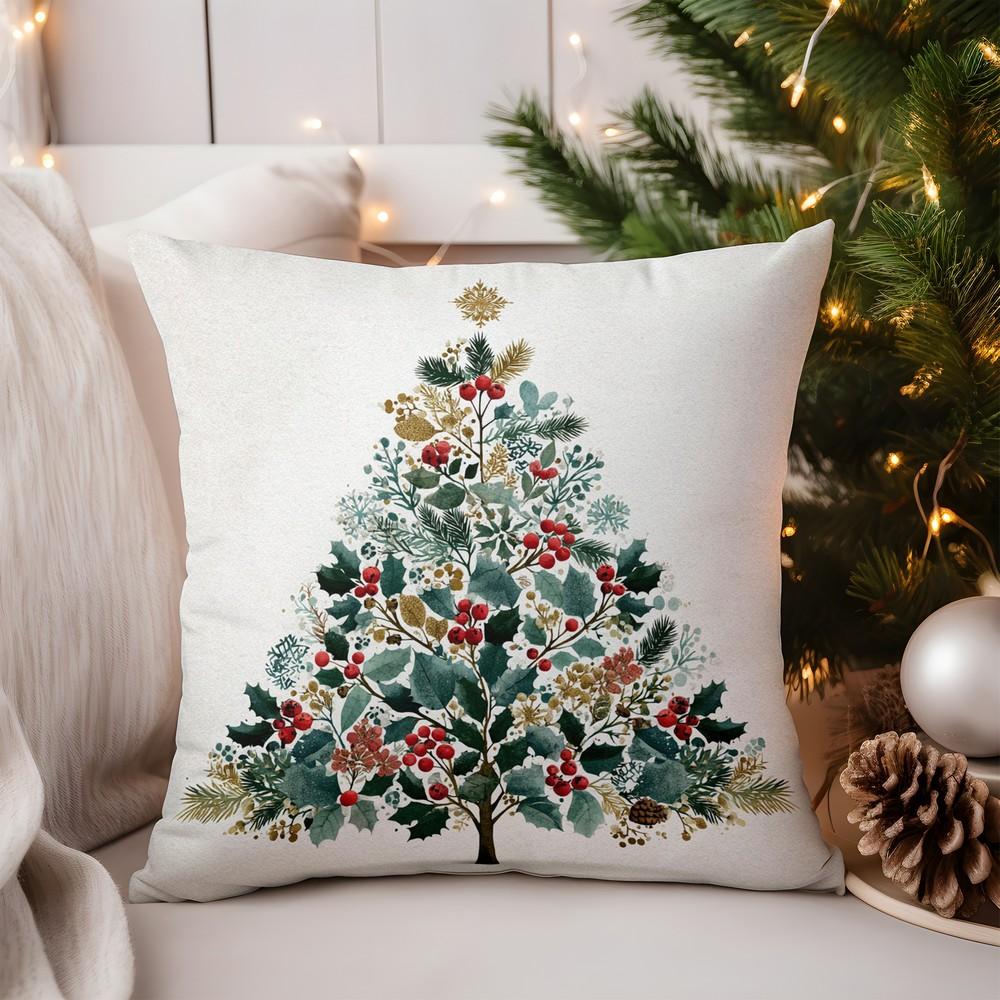 Home Decor Christmas Pine Branch & Ornament Pillow Pattern Cushion Cover Suitable for Sofa Bedroom Car Pillow Cover