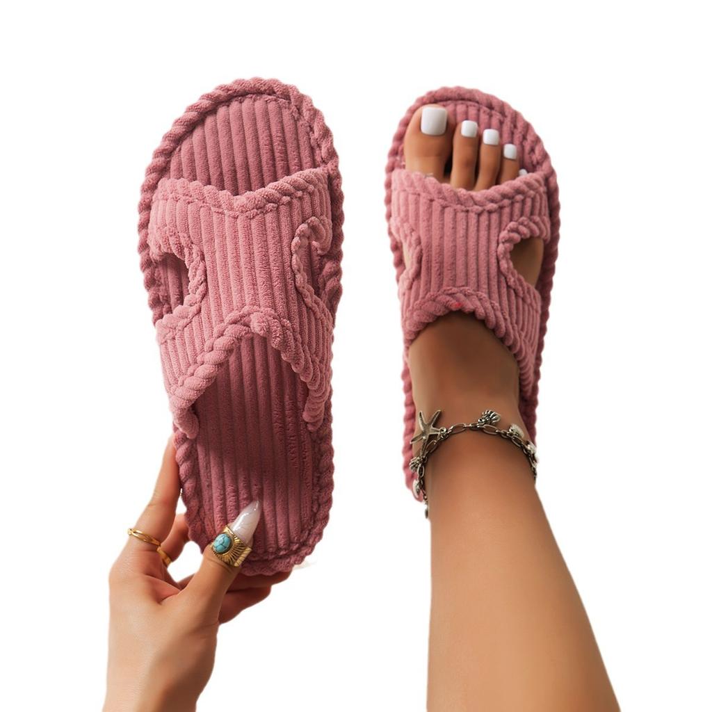 Fashion Solid Striped Women's Cotton Fabric Slippers Indoor Cross Strap Open Toe Flat Flip Flops Autumn Lightweight Comfort Slides