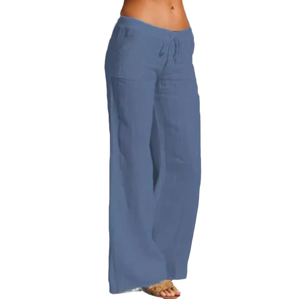 Pantalones Casuales de Algodón Lino para Mujer de Pierna Ancha con Cordón - Talla Grande, Color Sólido