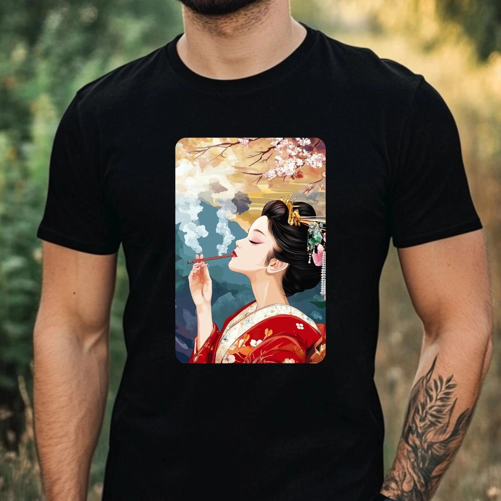 T-Shirt Herren Geisha Raucht Motiv Baumwolle Größe XS bis 5XL L