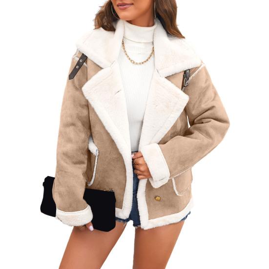 

Куртка из искусственной замши для женщин, повседневная, с лацканами, толстое пальто на подкладке из шерпы, зимнее, из пушистого флиса L