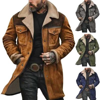 Herrenjacke mit großem Plüschrevers, langen Ärmeln, Vintage-Wildlederjacke mit Taschen, Reißverschluss, mittellanger Motorradmantel