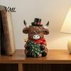 Cute Cattle Desk Ornaments Christmas Highland Cow Figurine, Resin Holiday Statue with Santa Hat & Holly Theme Decor Gift Box, Sitting Calf Desktop