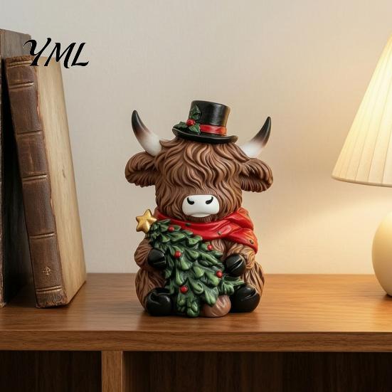 Cute Cattle Desk Ornaments Christmas Highland Cow Figurine, Resin Holiday Statue with Santa Hat & Holly Theme Decor Gift Box, Sitting Calf Desktop