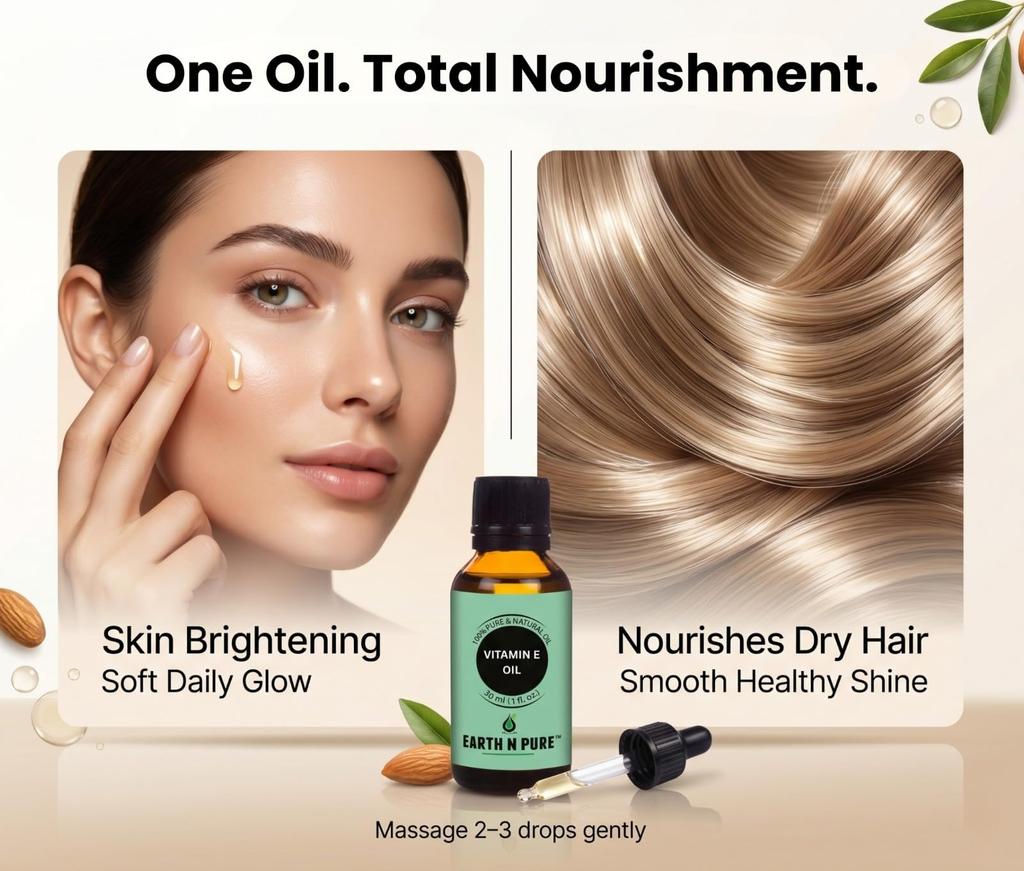 Earth N Pure Vitamin E Öl für Haut & Haare | 100% reines & natürliches Tocopherolöl | Gesichtsfeuchtigkeitsspender, Tiefenfeuchtigkeit für die Haut, Dunkle Flecken, Narben, Nägel