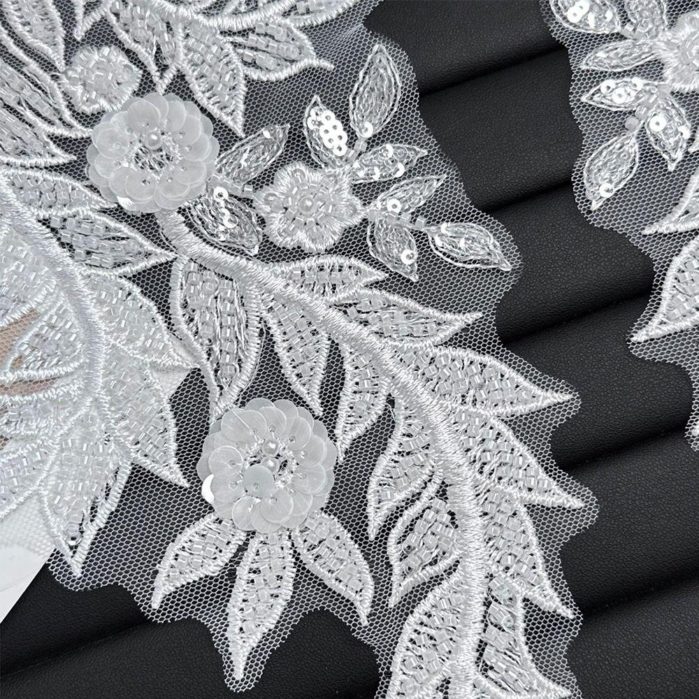 Multi-color Handmade Beads Lace Embroidery Flower Mirrored Flowers Wedding Dress Fabric Floral Design Mesh Lace