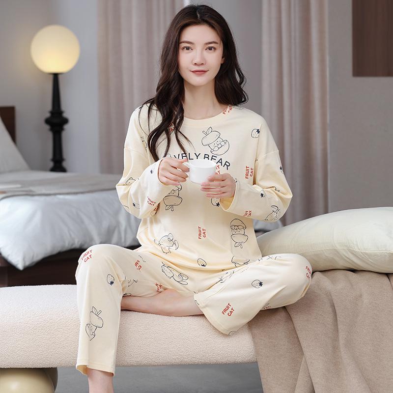 Aifen Teng Women's Pajamas Set: Pure Cotton, Long Sleeve, Long Pants, Casual Home Wear, Suitable for Spring, Autumn, and Winter.