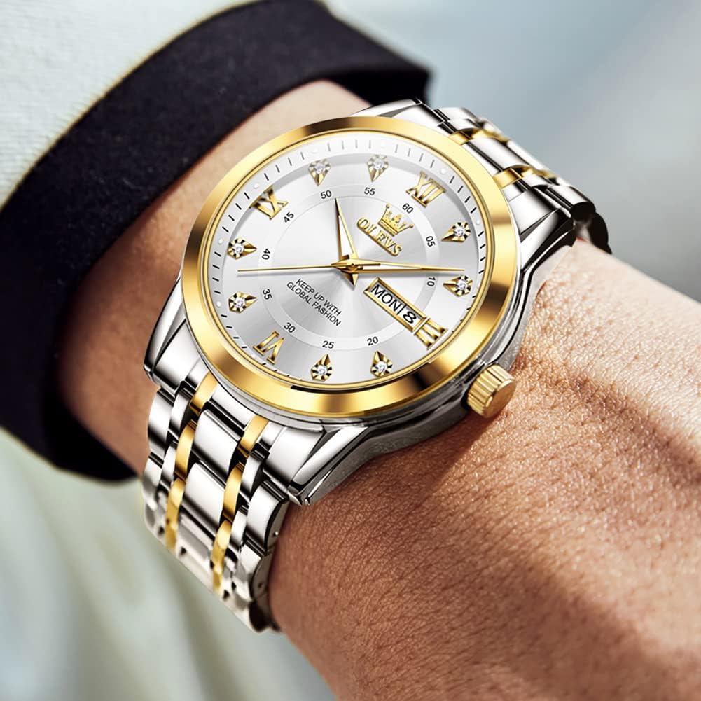 OLEVS Watch Men's Silver Cool Popular Quartz Calendar Waterproof Watch for Men Brand Stainless Steel Stylish Gold & White