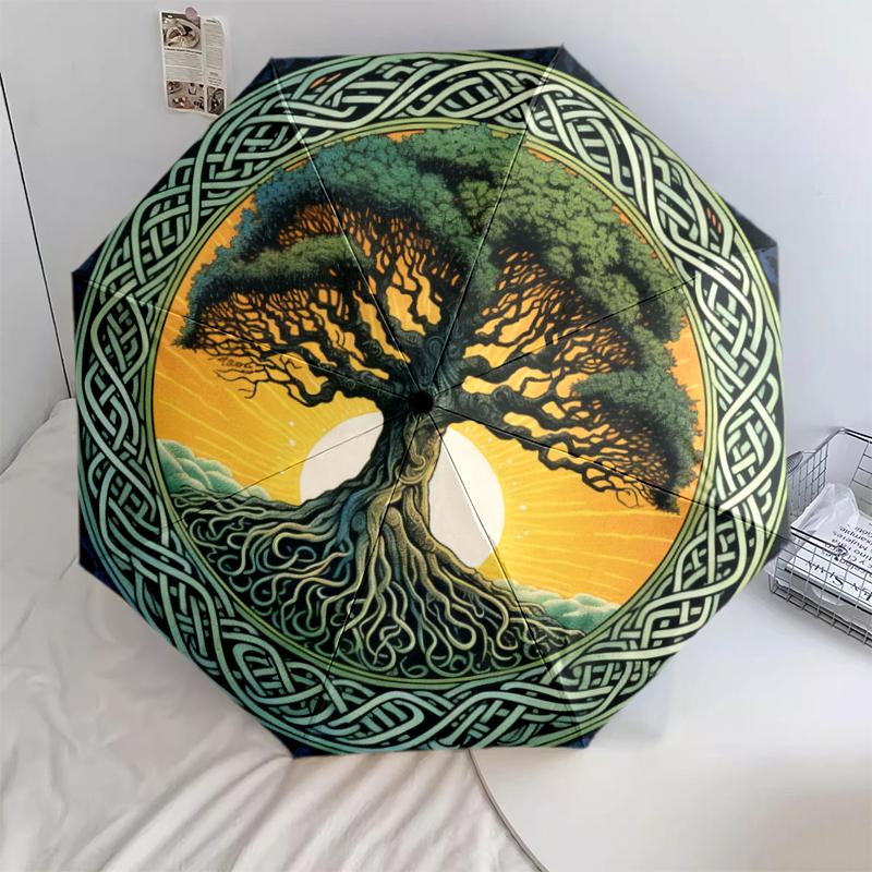 1PC Celtic Tree of Life Umbrella Portable Folding Umbrella Iron Frame Hole Bone Structure Outdoor Home Umbrella A15