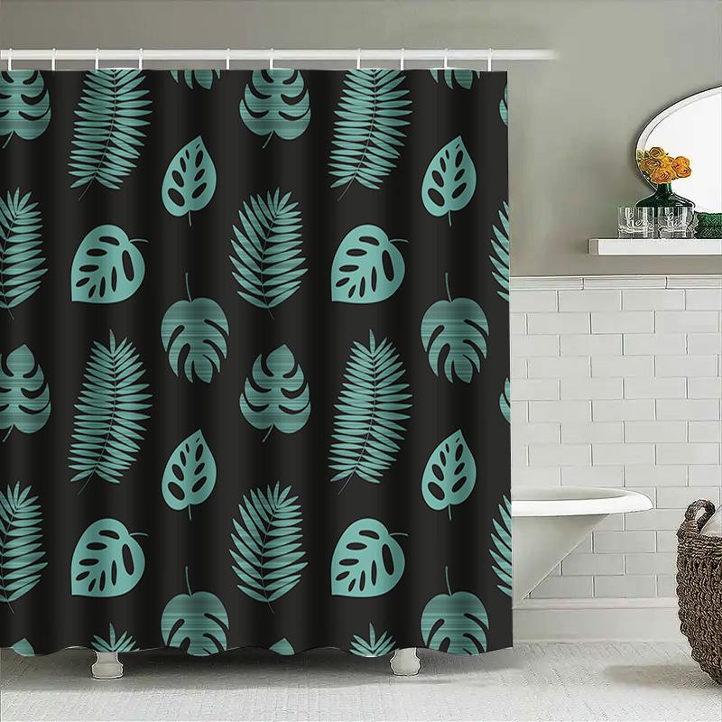 Blue Green Leaf Shower Curtain Waterproof Bath Decoration For Modern Bathroom Decor Dark Green Black Background Print 72X84 In (