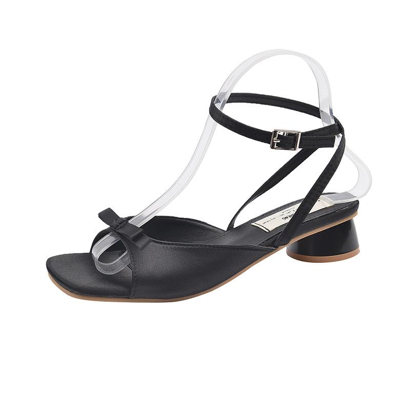 

Fashion new designer bowtie silk sandaals women med-high heels gladiator sandalias mujer ankle strap round heel sandalias de tacón 35 чёрный