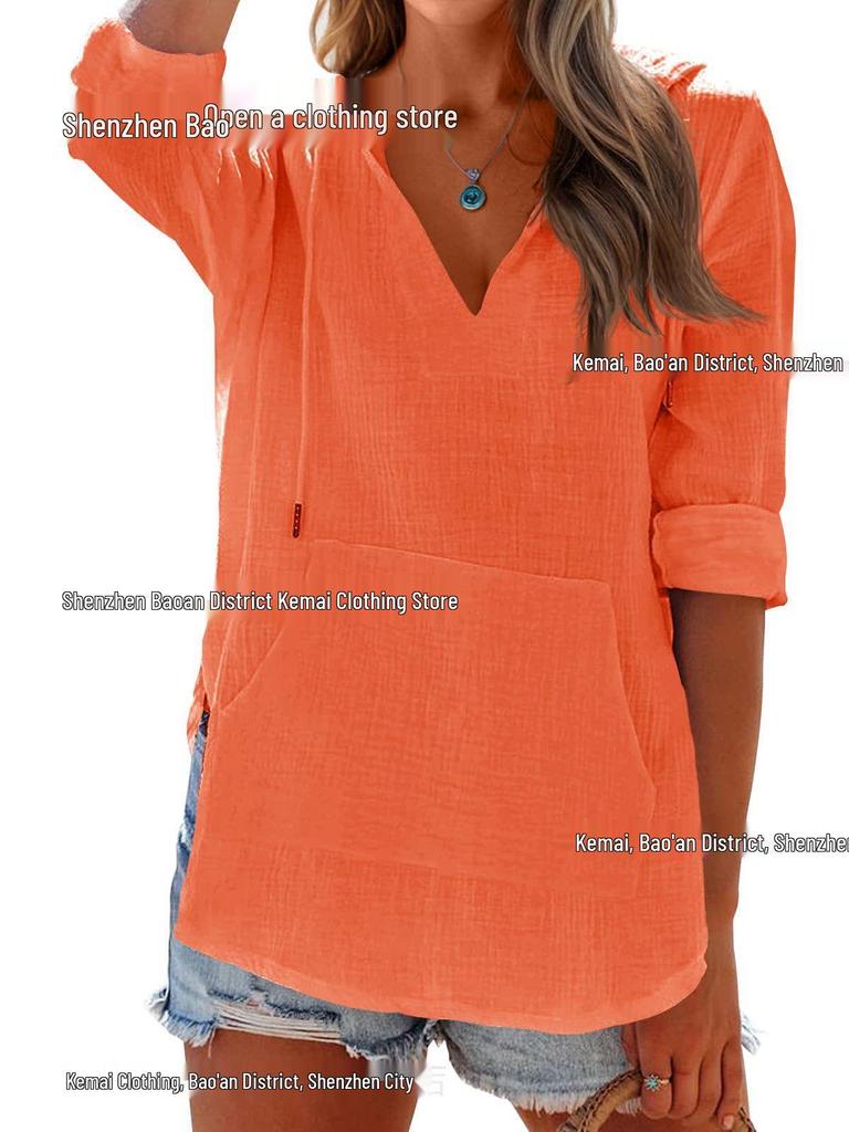 European & Asian 2025 Spring/Summer Women's V-Neck Long Sleeve Beach Hoodie with Pocket