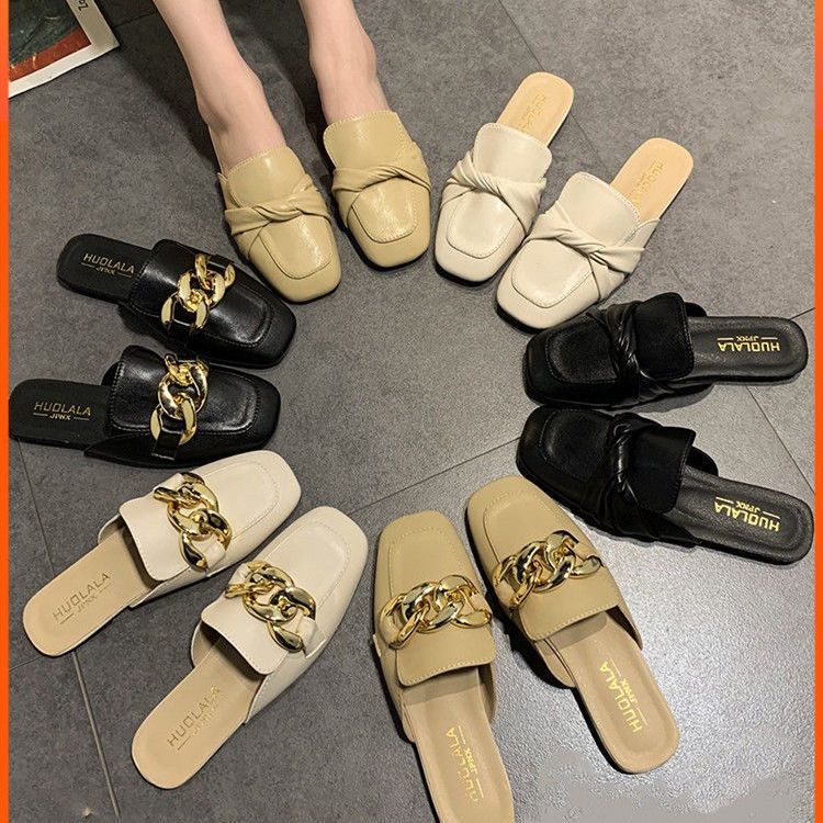Chain Small Fragrant Style Flat Bottom Square Head Bag Head Half Slippers Women's Outer Wear 2021 Summer New Internet Celebrity Versatile Korean Vers