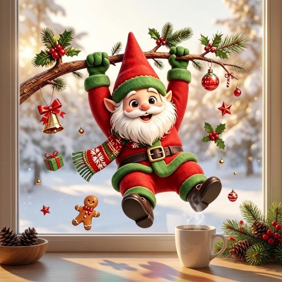 Christmas Home Ornaments Cute Gnome Static Window Cling, Removable Decal with Holly Bell Glass Stickers Gingerbread Snowflake, Holiday Decor